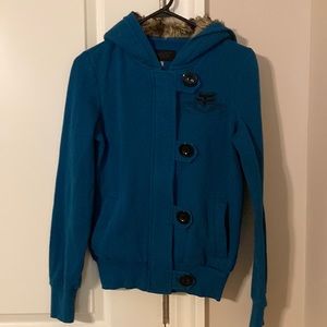 Fox kids teal zip and button hoodie jacket